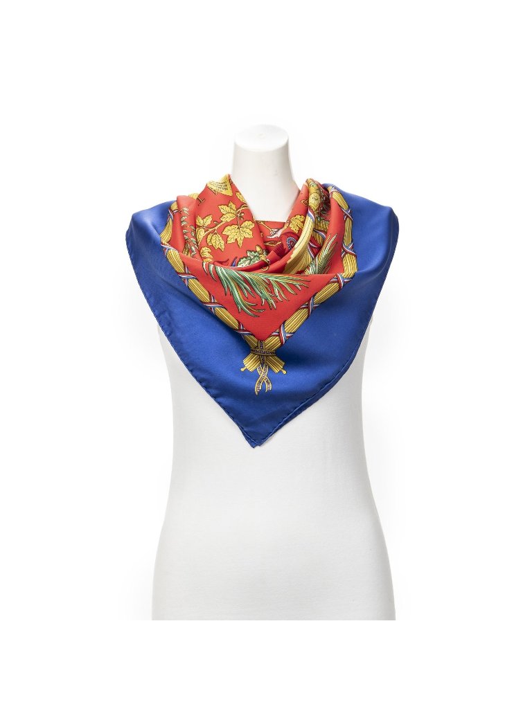 Hermes Scarf Blue Red 100 Gold Twill Silk